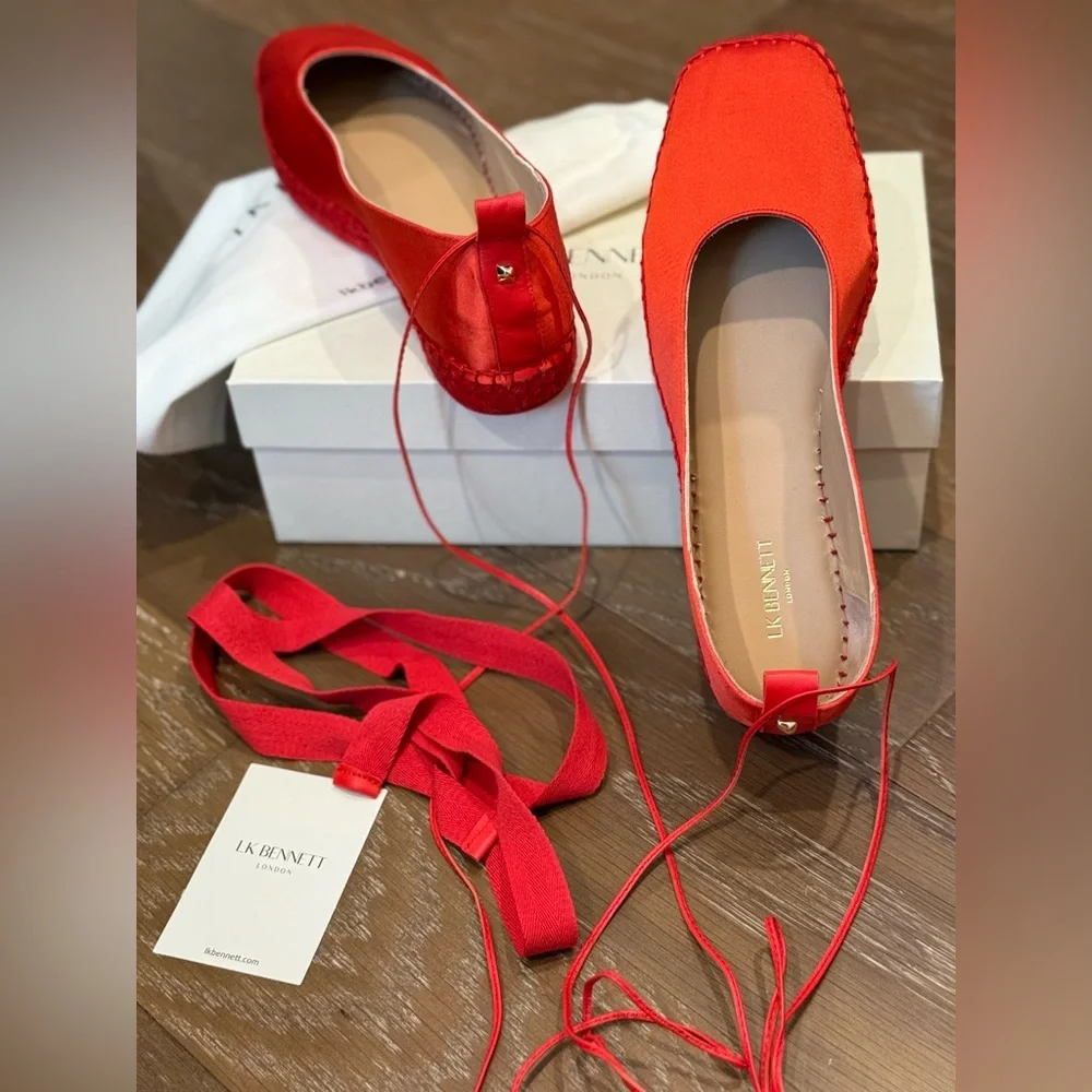 LK Bennett Red Satin Ankle-Tie Espadrille Flats 41